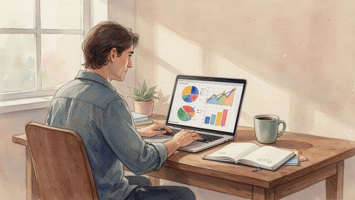 Small business owner in relaxed pose at wooden desk in cozy home office, reviewing colorful financial charts on angled laptop screen, with coffee mug and notebook nearby, in watercolor style with soft blending, warm daylight, and pastel tones.