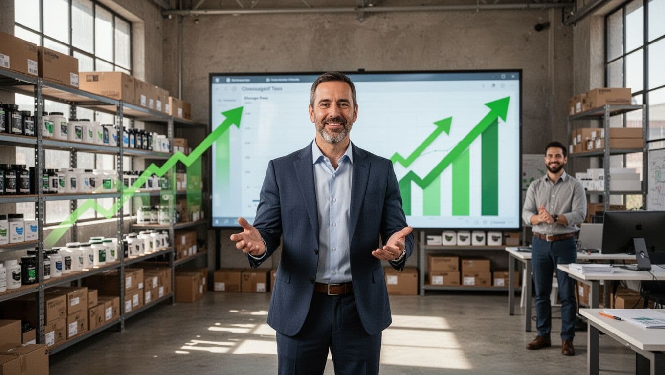 Mid-30s small business owner gestures positively at wall screen showing sales charts shifting from decline to growth with green arrows in modern office-warehouse hybrid space.