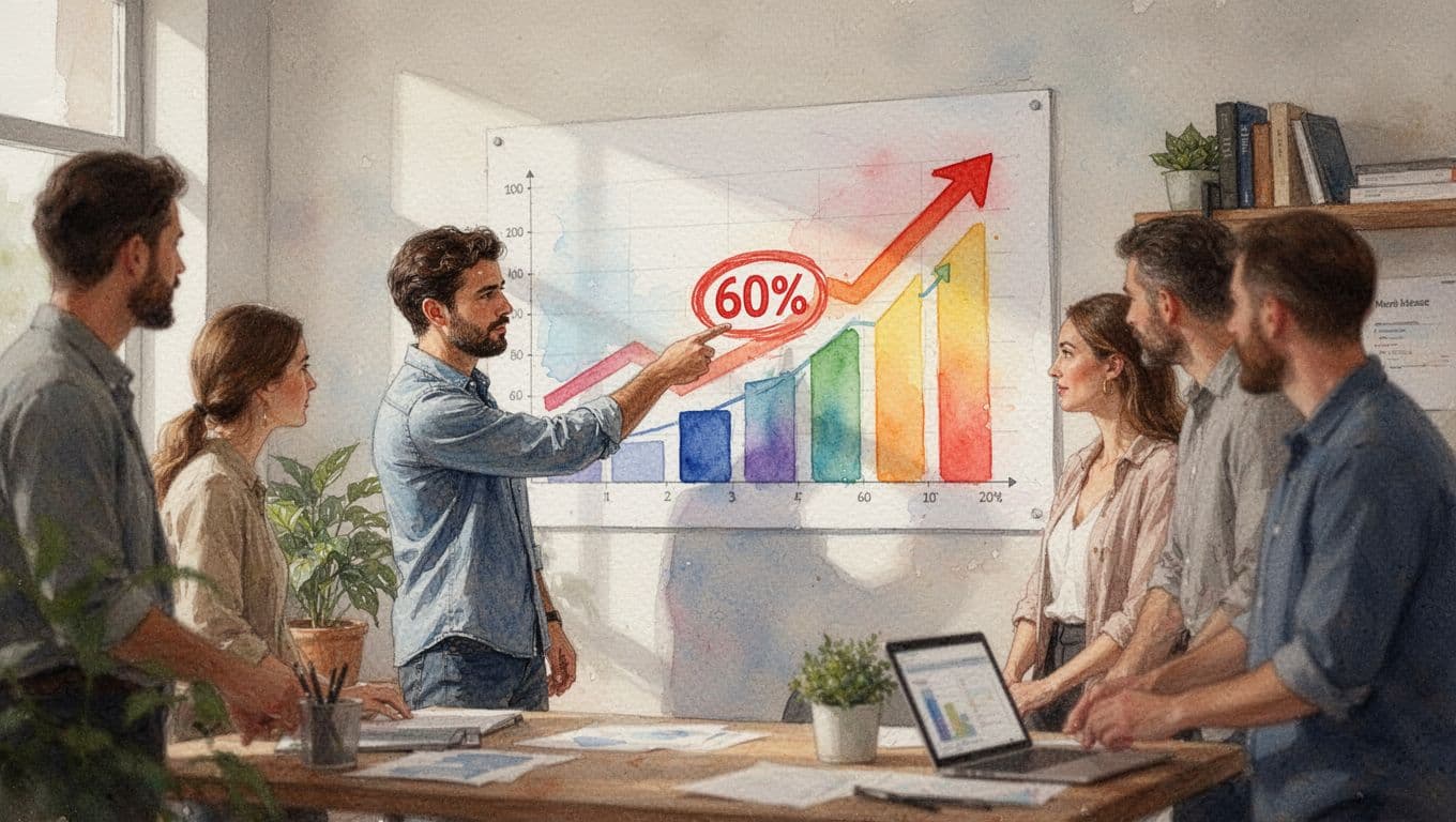 A small business team in a cozy office celebrates revenue growth, pointing to a 60% growth mark on upward trending charts. Watercolor style with soft blending, brush texture, warm palette, natural light, one person in sharp focus with others blurred.