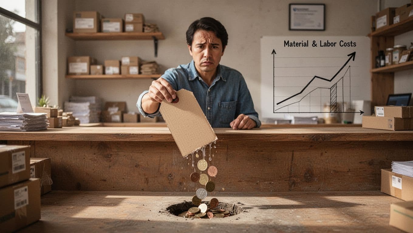Watercolor illustration of a concerned small business owner holding a low-price tag at a shop counter, with rising cost charts and coins leaking into a hole, symbolizing money loss.