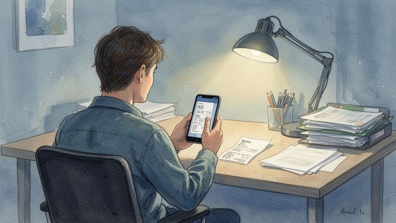 Watercolor illustration of a person from back view at a desk, snapping a photo of a receipt using their phone camera in a simple home office with lamp and files, soft blue-green palette and warm light.