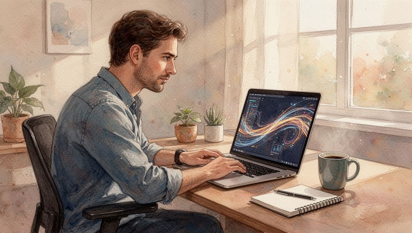 A focused solo entrepreneur works in a modern home office using a laptop for AI-powered content generation, surrounded by a simple setup with coffee mug and notebook, in watercolor style with soft earth tones and warm light.
