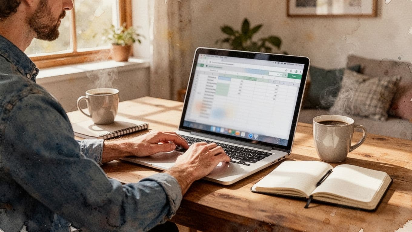A solo entrepreneur types on a laptop displaying a simple startup budget spreadsheet in a cozy home office, surrounded by a coffee mug and notebook, rendered in watercolor style with soft blending and warm natural lighting.