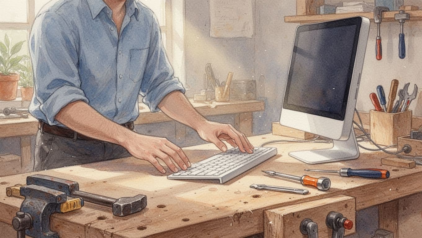 A solo entrepreneur in a cozy workshop arranges business equipment like a computer and tools on a workbench, rendered in watercolor style with warm lighting and soft blending.