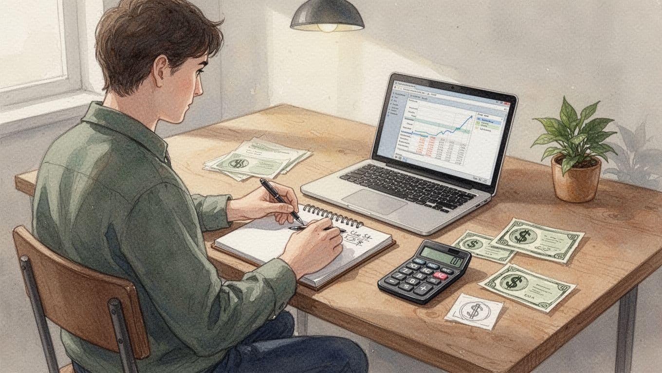 A person thoughtfully calculates business costs on a notepad and laptop at a simple desk with sketched calculator and bills icons, in a watercolor style cozy workspace with soft earth tones.