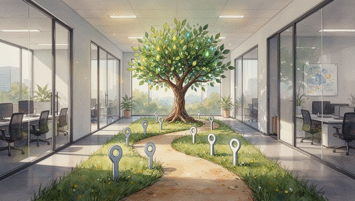 Watercolor-style diagram visualizing a step-by-step path for business goal setting with milestones for team meetings, target writing, deadlines, leading to a growth tree in a modern office, using a warm palette with soft blending and brush textures.