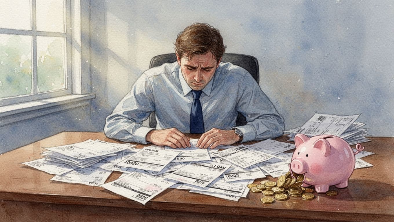 Watercolor illustration showing a stressed small business owner buried under piles of debt letters and loan papers on a desk, with an empty piggy bank and cash flowing out nearby, lit by daylight through a window.