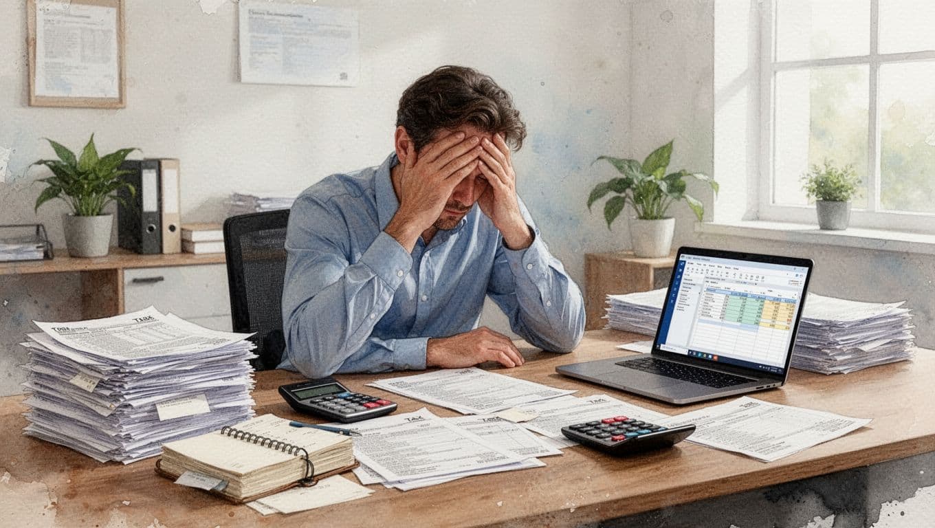 Watercolor style illustration of a stressed small business owner buried under stacks of tax forms, ledgers, and calculators, ignoring a nearby laptop with accounting software.