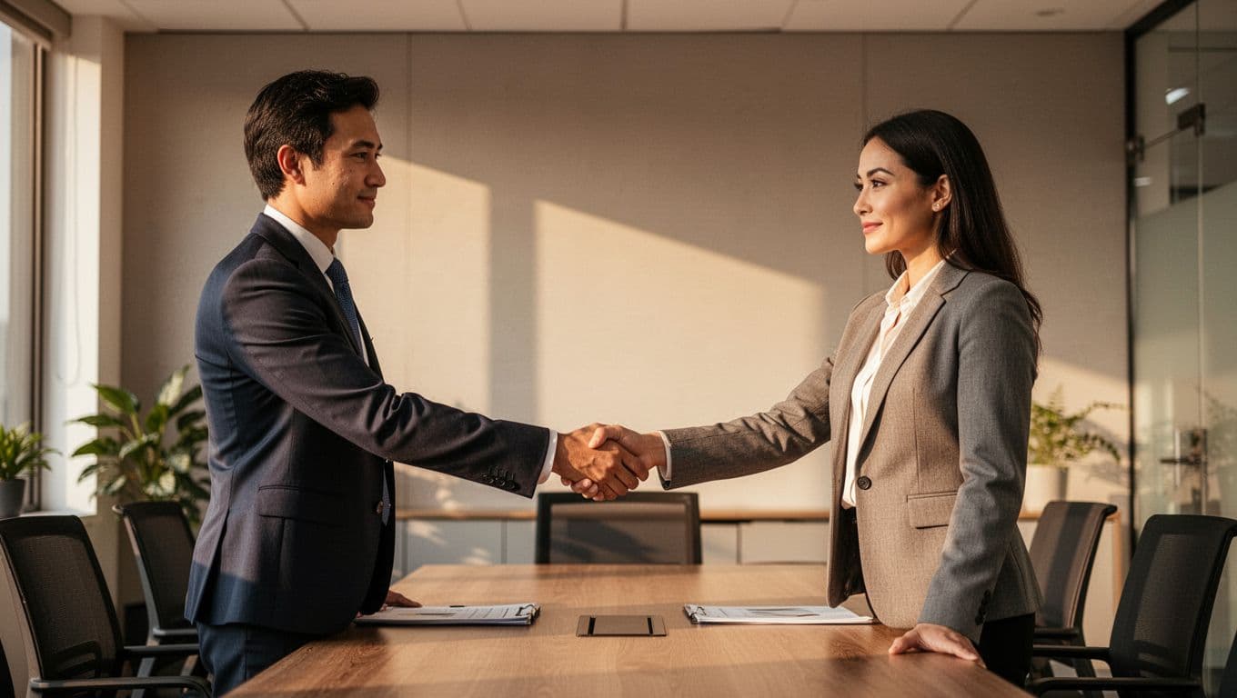 Two business professionals shaking hands after negotiation in a conference room, with calm expressions showing agreement, simple office background, and warm lighting in a professional realistic style.
