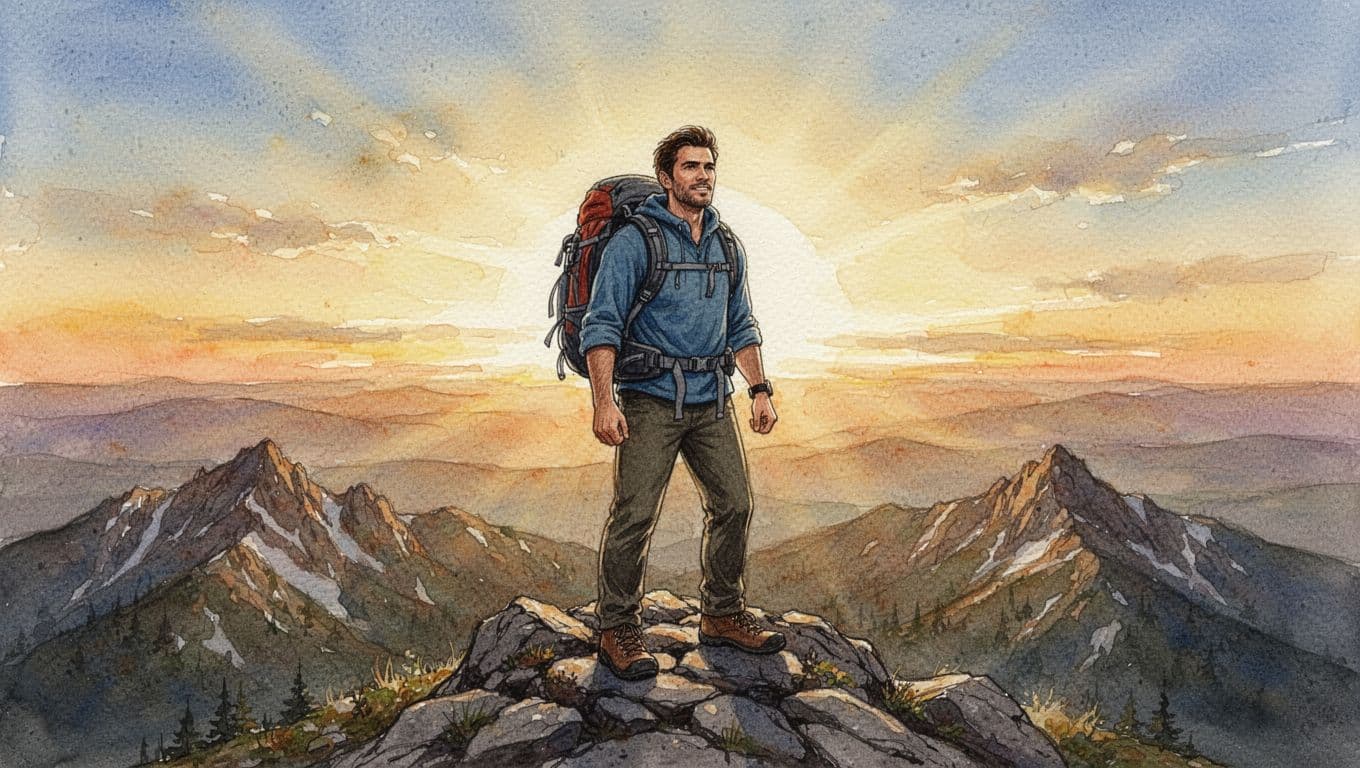 Confident solo entrepreneur stands victorious on a mountain peak at sunrise, having climbed past rocky failures, in watercolor style with warm golden lighting.
