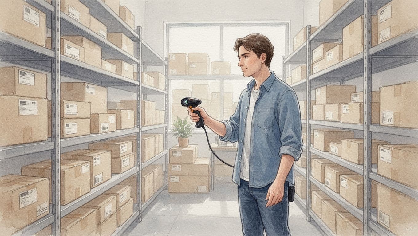 A focused warehouse worker in casual clothes scans inventory on neatly stacked shelves using a handheld scanner in a modern small business storage room, rendered in watercolor style with soft blending, pastel palette, and diffused lighting.
