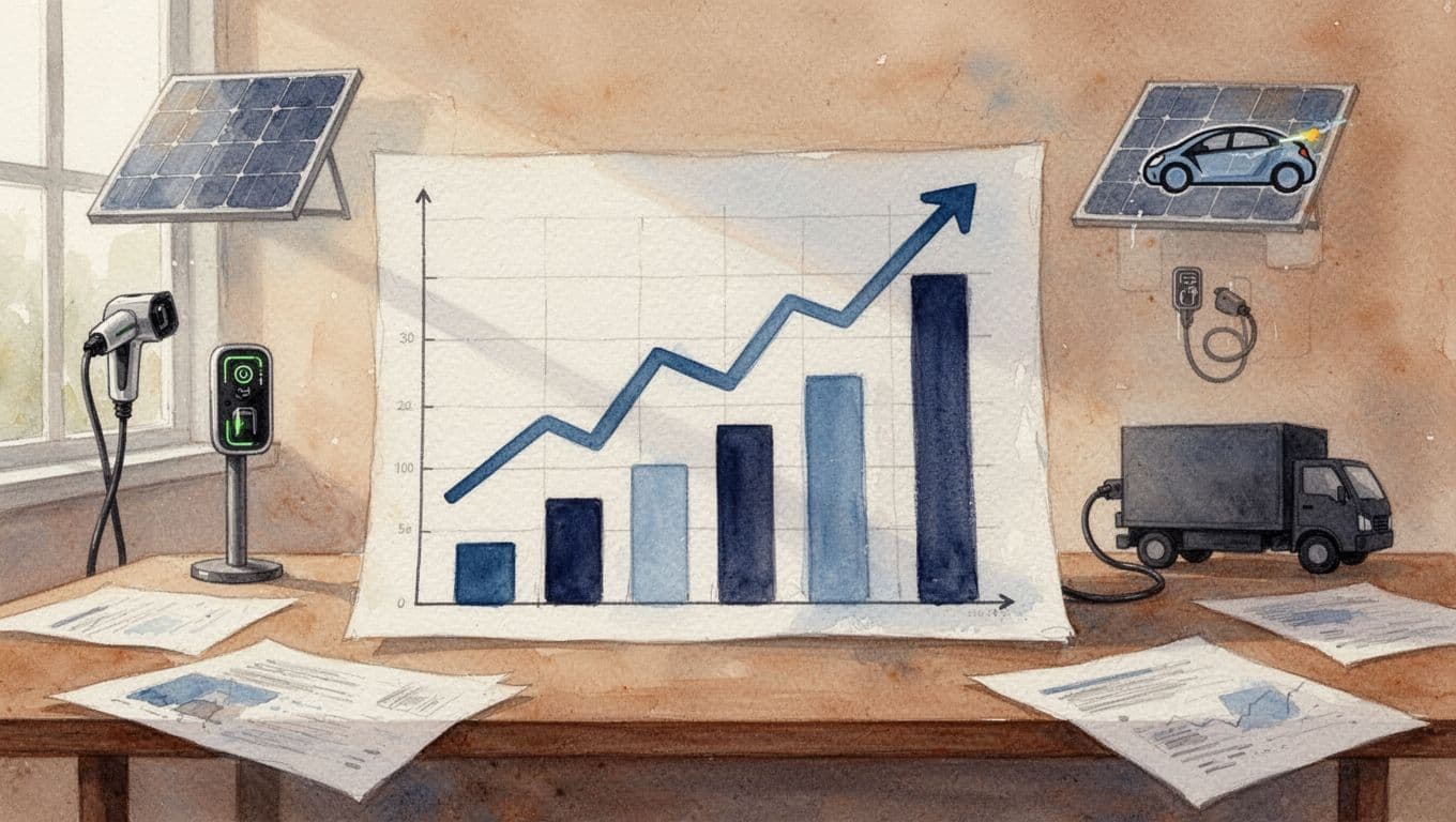 Watercolor-style upward trending line graphs and bar charts illustrate explosive market growth for AI tools and green energy, with icons of solar panels, EV chargers, and delivery trucks on a simple desk.