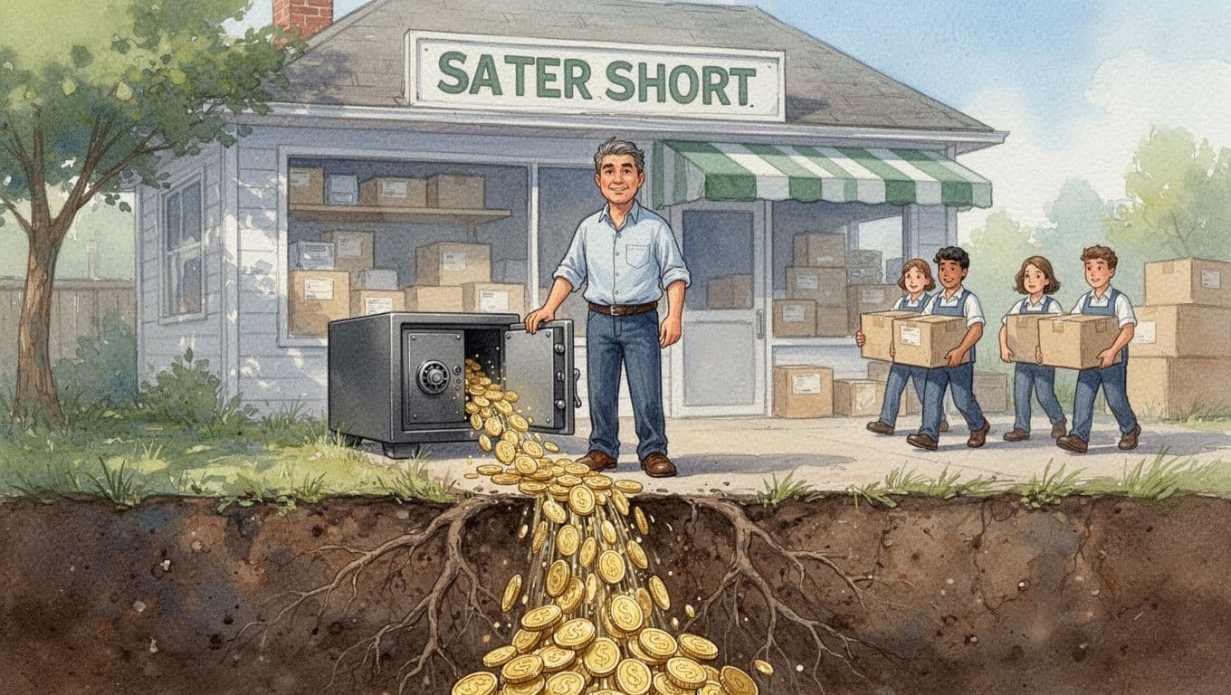 Watercolor style illustration with soft blending and visible brush texture: a small business storefront expanding with new hires and inventory boxes, but cash flowing out from a safe into the ground like draining roots, one owner watching worriedly, simple composition, daylight, no text, no logos, exactly one person present.