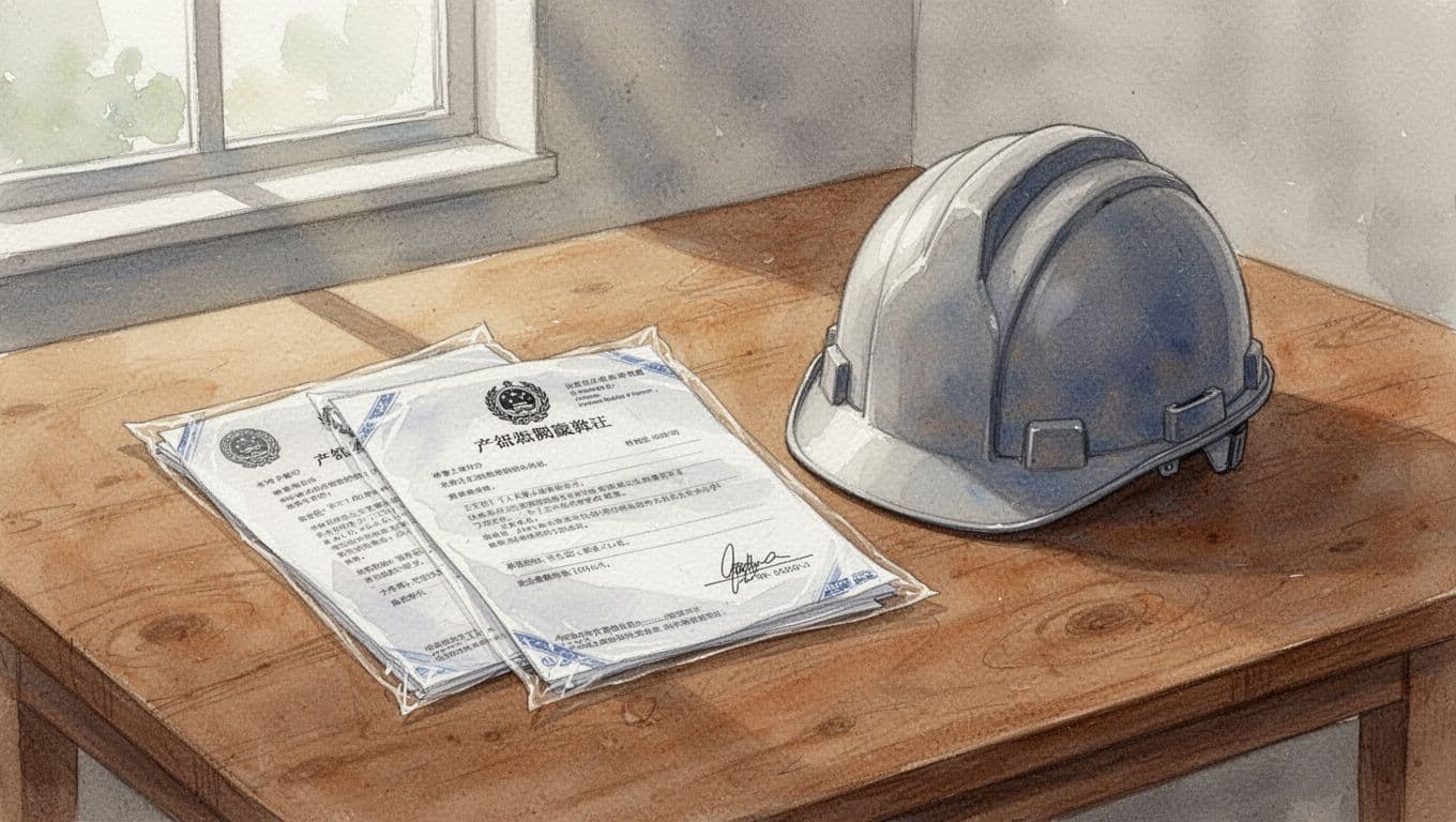 Watercolor artwork depicting license icons, permit stamps, tax forms, insurance papers, and a safety hardhat arranged on a table, using soft blended neutral tones and visible brushwork, centered composition with exactly five items.