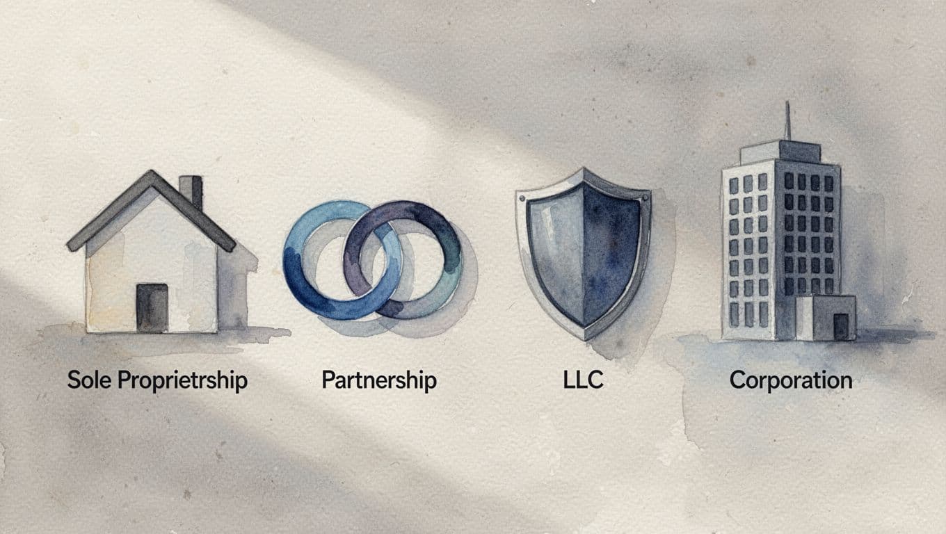 Watercolor illustration of four business structure icons in a row: house for sole proprietorship, handshake for partnership, shield for LLC, and tall building for corporation, with soft blending and brush texture on a neutral background.