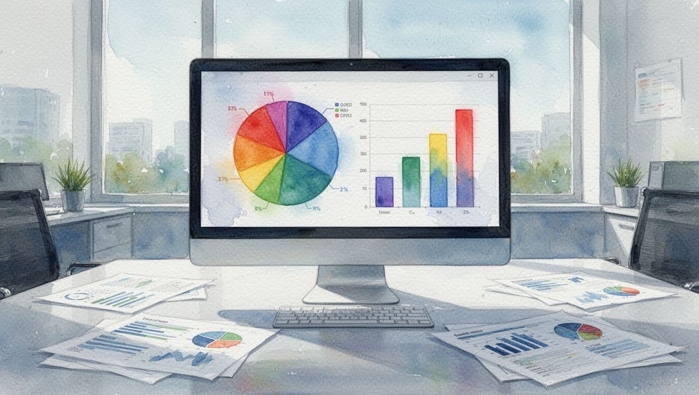 Watercolor-style image with soft brush strokes showing colorful pie chart and bar graph on a single computer monitor displaying abstract expense categories like travel and marketing, on a desk with reports in a bright office with soft blue-green palette.