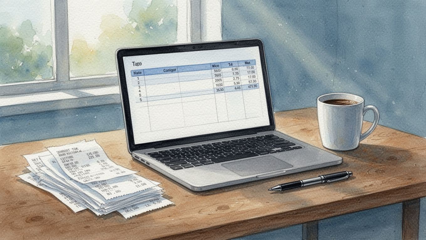 Watercolor illustration of a wooden desk featuring an open laptop with a simple expense spreadsheet, stack of receipts, pen, and coffee mug, illuminated by natural window light in soft blue and green tones.