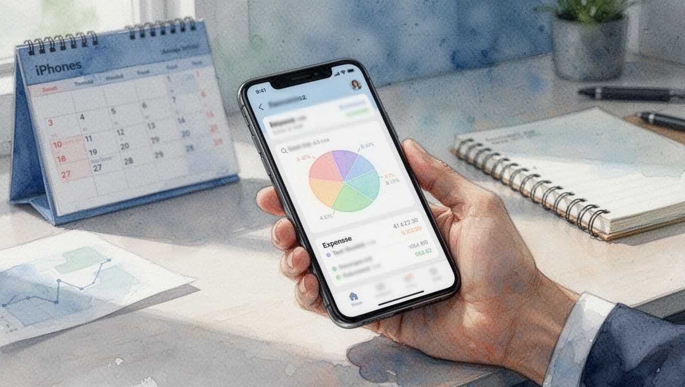Watercolor painting of a hand holding a smartphone displaying a blurred expense tracking app dashboard with pie charts and list icons, in an office background with calendar and notebook under soft daylight in blue and green tones.