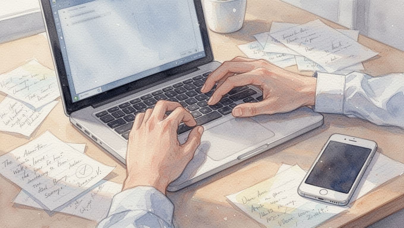 Watercolor-style close-up of two hands relaxed on a keyboard in a focused workspace with desk notes and phone, illustrating a simple low-cost experiment like posting a free gig ad. Soft blending, visible brush texture, pastel palette, light blue tones, soft overhead lighting, no people, text, or screen details visible.