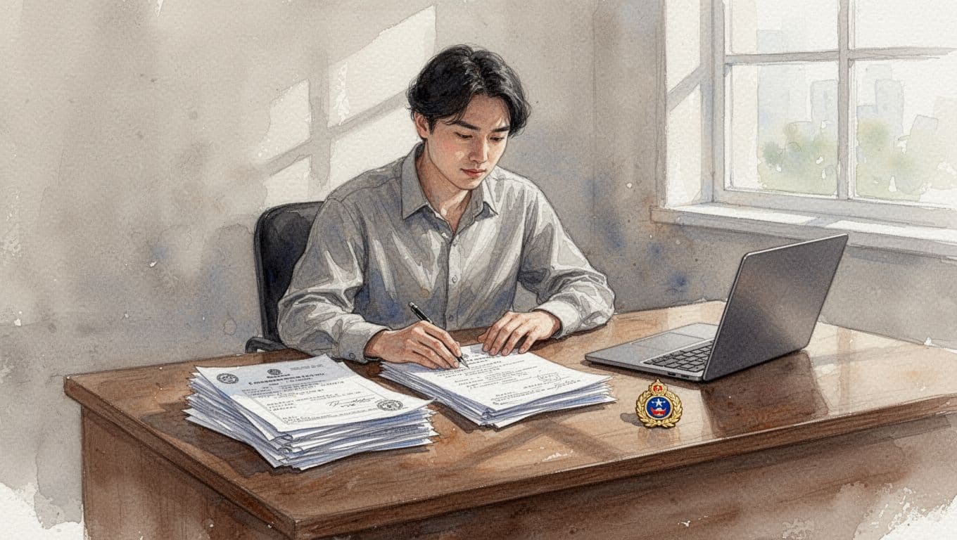 Watercolor style illustration of a person at a wooden desk filing business formation papers with a laptop and state seal nearby, soft natural light from window and visible brush strokes.