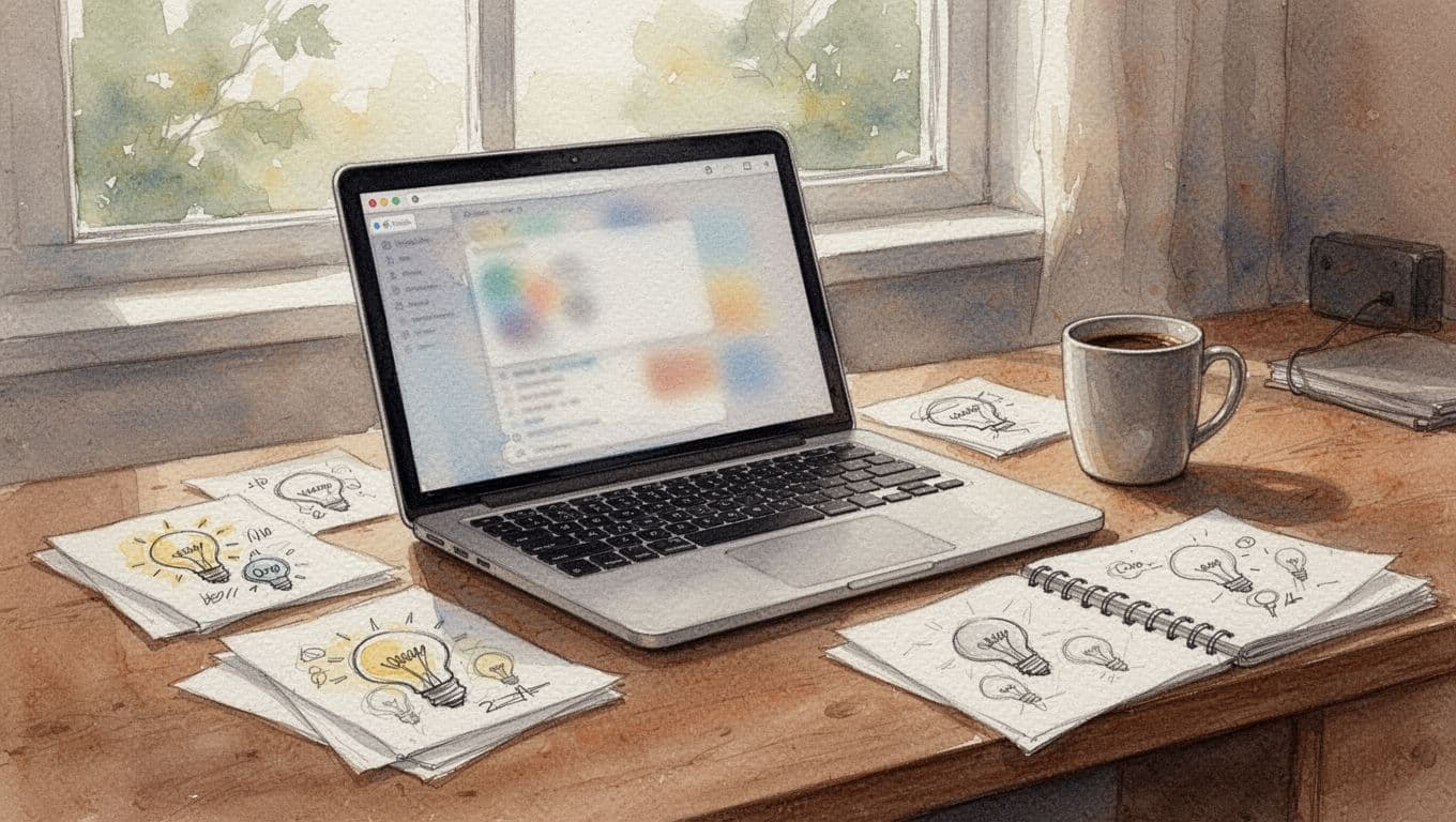 Watercolor-style simple landing page mockup on a laptop screen in a home office, surrounded by notebook sketches of business ideas and a coffee mug, with soft window light.