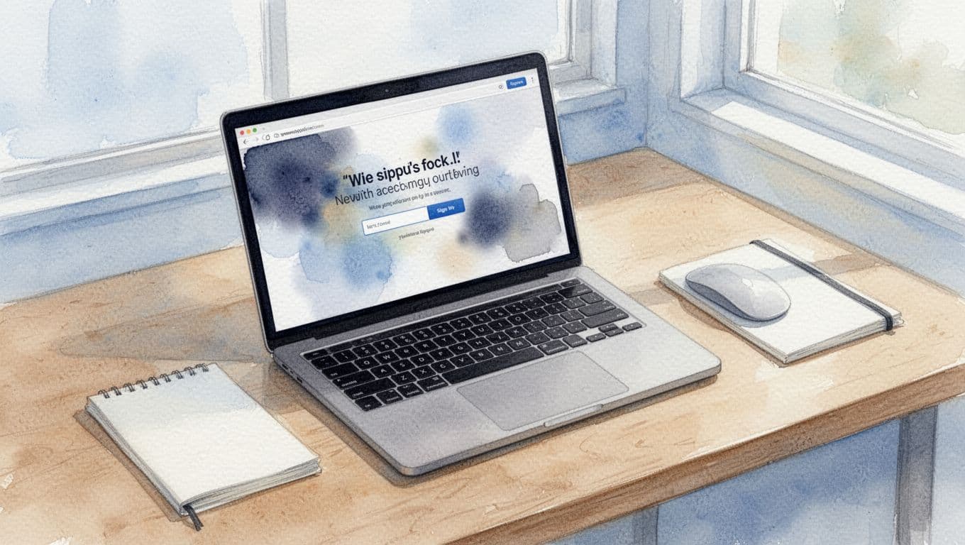 Vibrant watercolor-style mockup of a simple landing page on a laptop screen at an angle on a desk with mouse and notepad in a bright workspace using pale blue and warm beige tones.