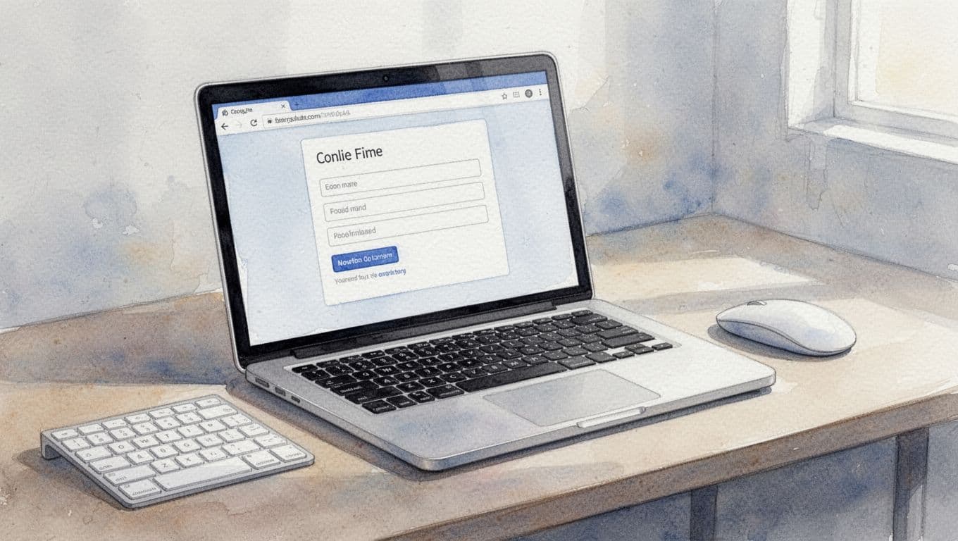 Watercolor image of a laptop screen showing a simple online form application, with keyboard and mouse on a desk, slightly angled focus on device, soft lighting, visible brush texture, neutral background, no readable text or people.