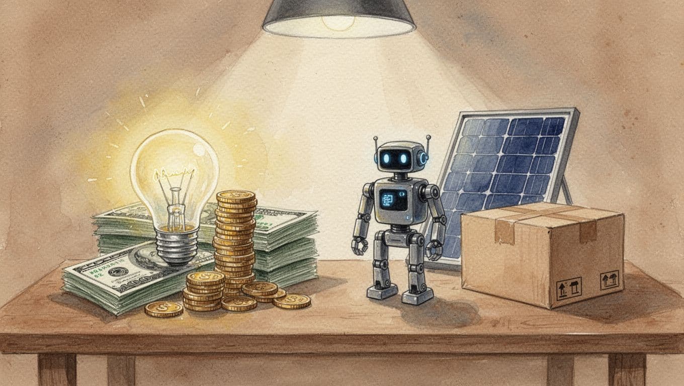 A stack of dollar bills and coins on a simple wooden table next to icons of a lightbulb idea, AI robot, solar panel, and delivery box, rendered in watercolor style with soft blending, brush textures, earthy palette, and warm overhead lighting.