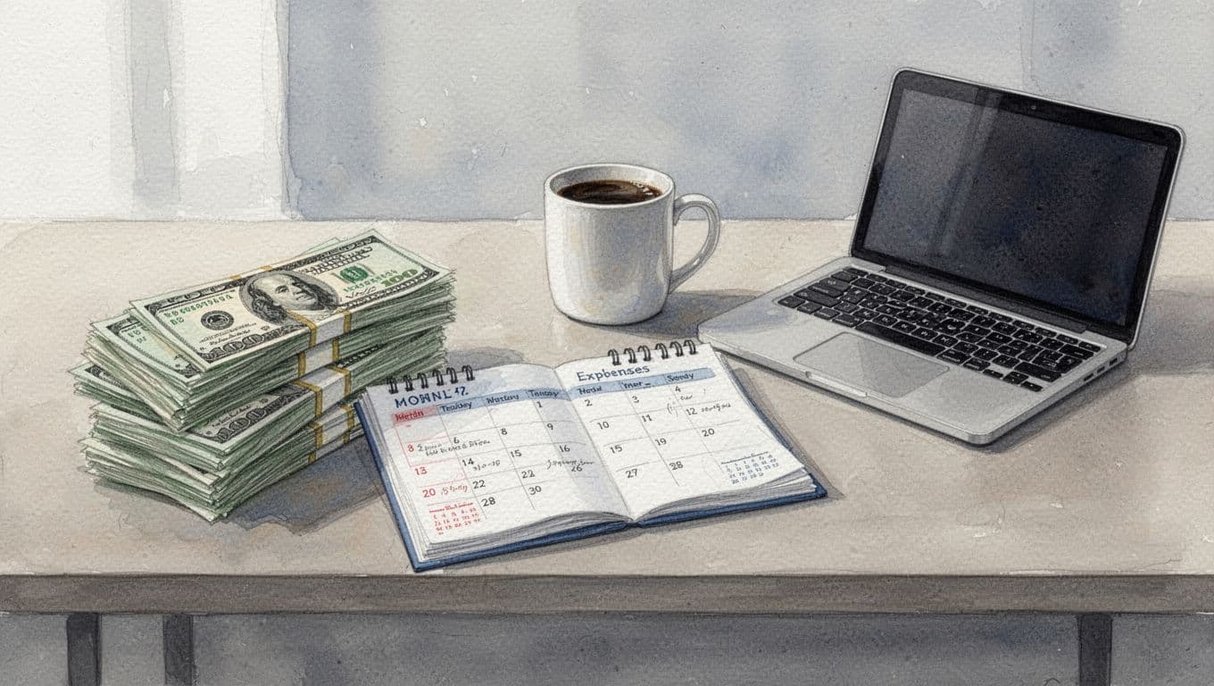 Watercolor style office desk scene featuring bills, calendar, laptop, and coffee mug, illustrating the accumulation of monthly expenses under soft natural light.