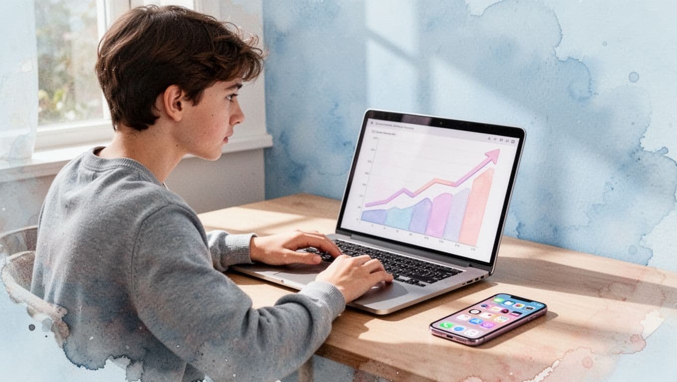 A young entrepreneur sits at a cozy home desk, viewing upward-trending graphs on a laptop screen and social apps on a nearby smartphone, illuminated by soft natural light. Watercolor style illustration with pastel palette, soft blending, and visible brush textures on a light blue background.